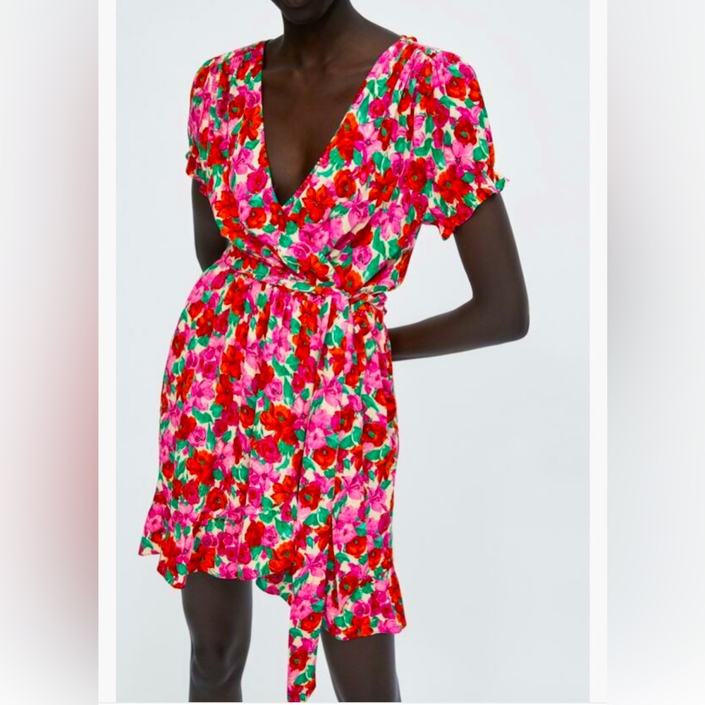 ZARA FLORAL PRINT WRAP DRESS SIZE SMALL WHITE RED PINK MINI SUNDRESS CHERRY GIRL